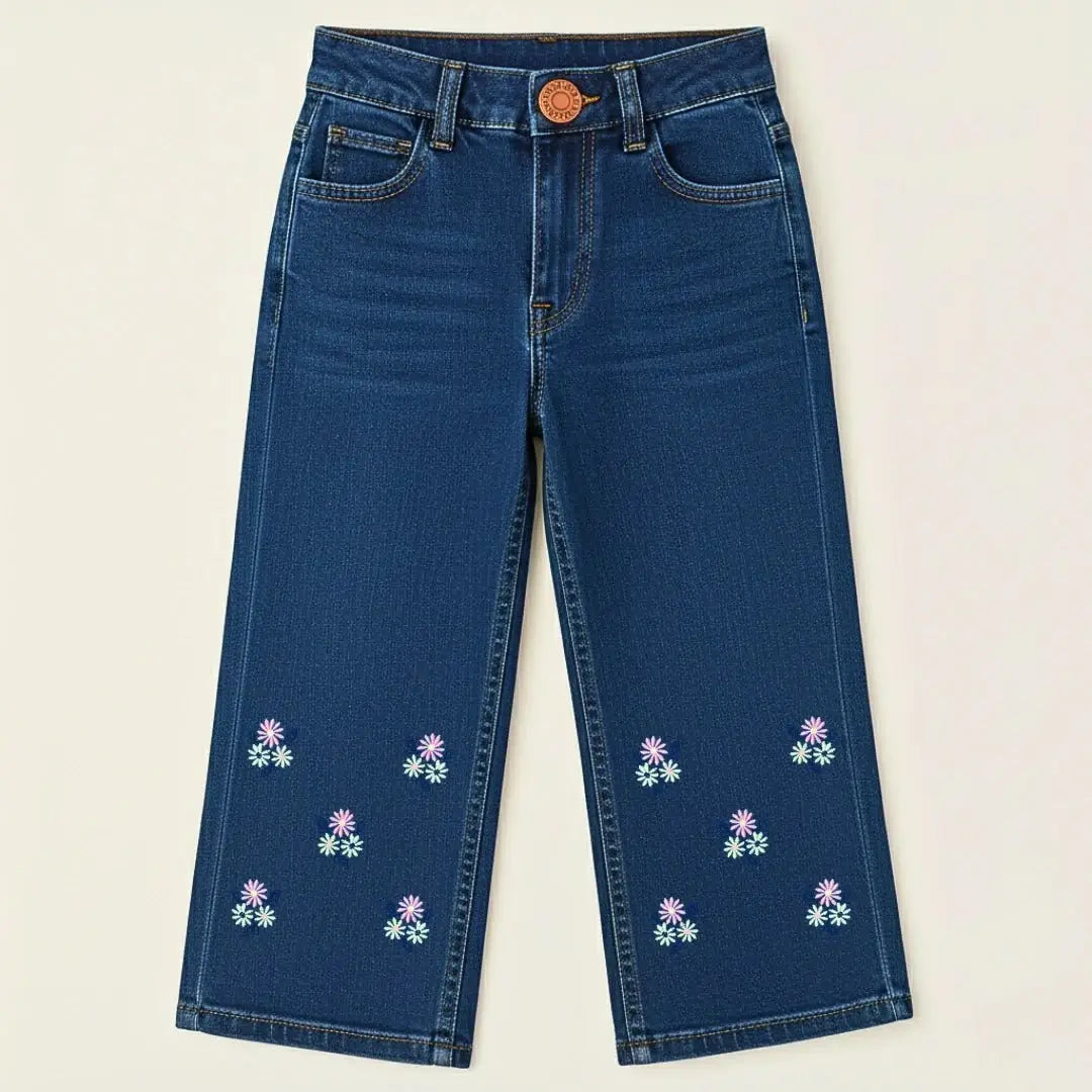 Girls Embroidered Bell Bottom Jeans – Floral & Cherry Prints (Sky, Mid, Dark Wash) - TotVogue.pk