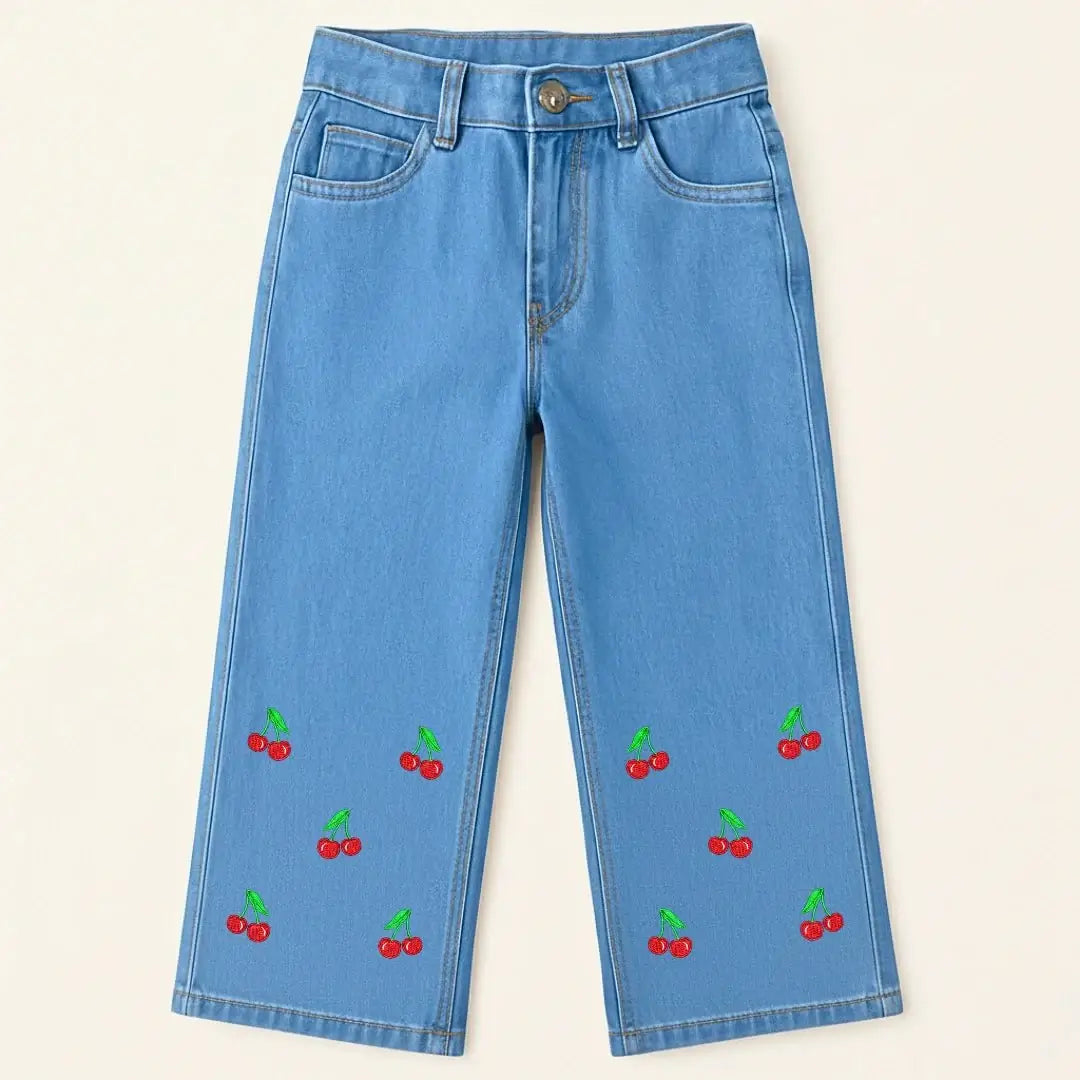 Girls Embroidered Bell Bottom Jeans – Floral & Cherry Prints (Sky, Mid, Dark Wash) - TotVogue.pk
