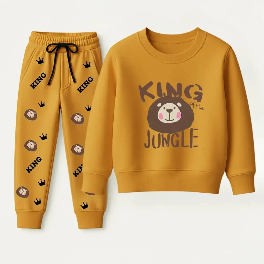 King of the Jungle Kids Tracksuit – Mustard Fleece Set 2026 displayed on a white background, featuring a bear graphic.