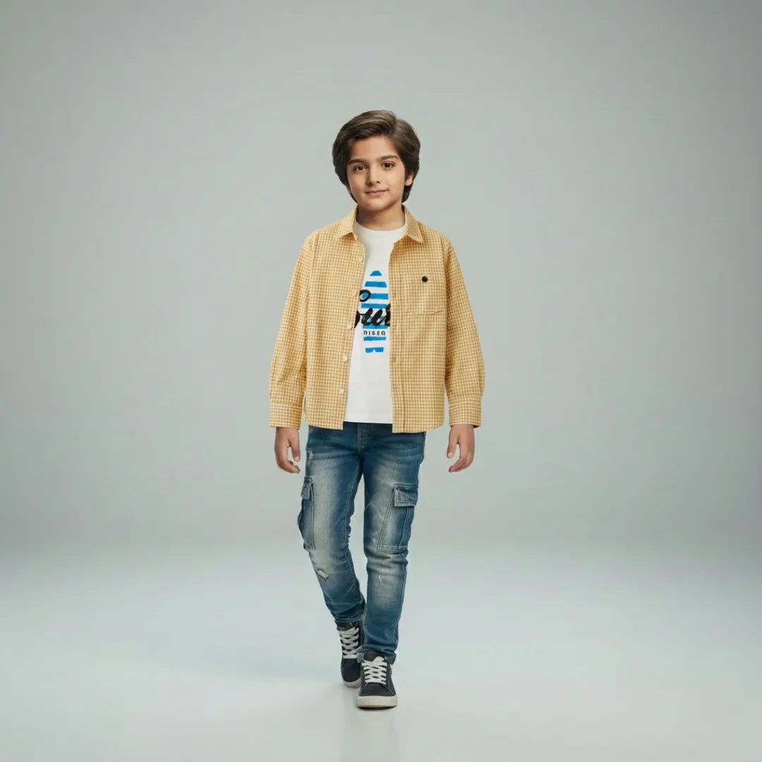 Boys Double Shirt Set – Light Orange Check Edition Casual Cotton Outfit