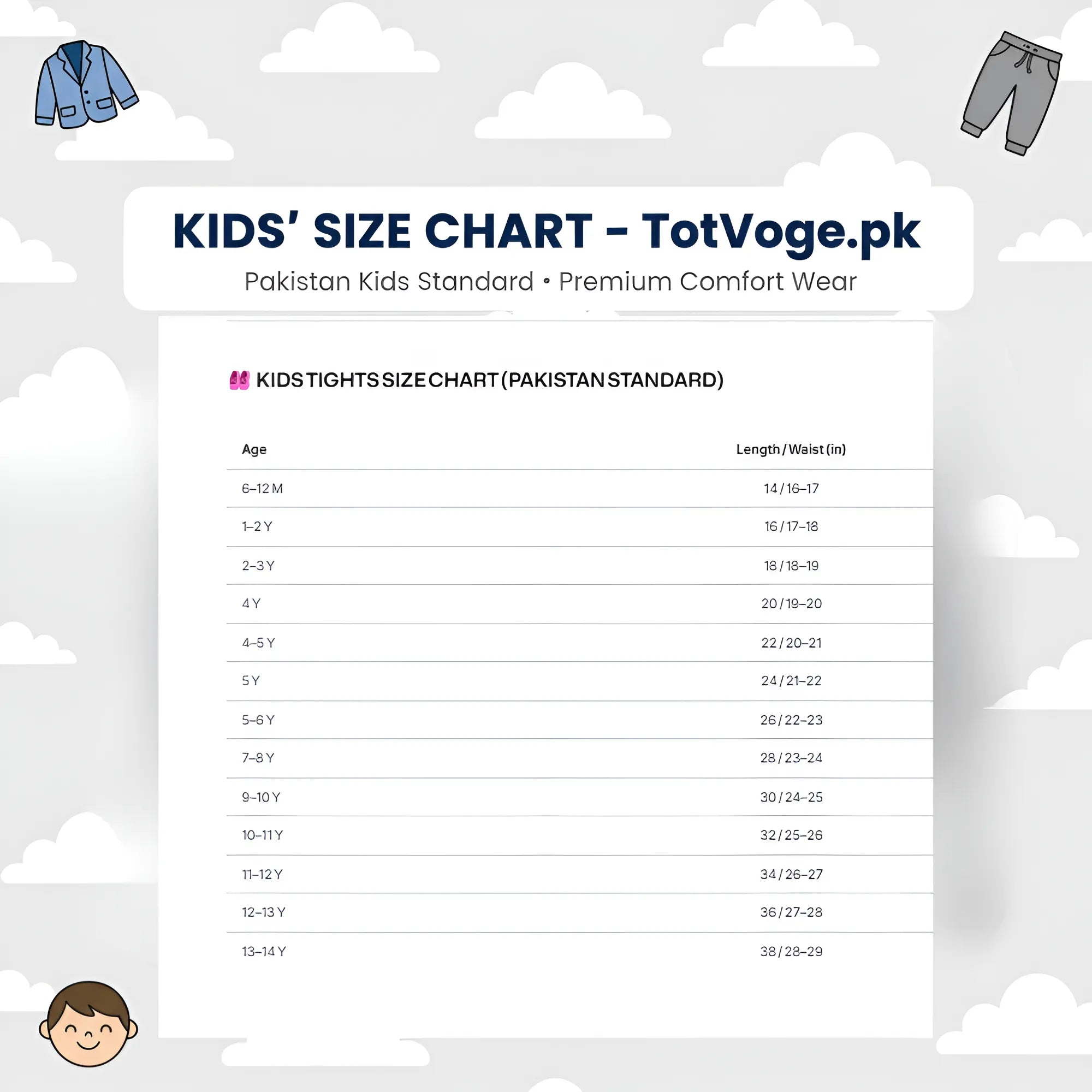 Kids' size chart for clothing with age and length/waist measurements on a white background with cloud designs.