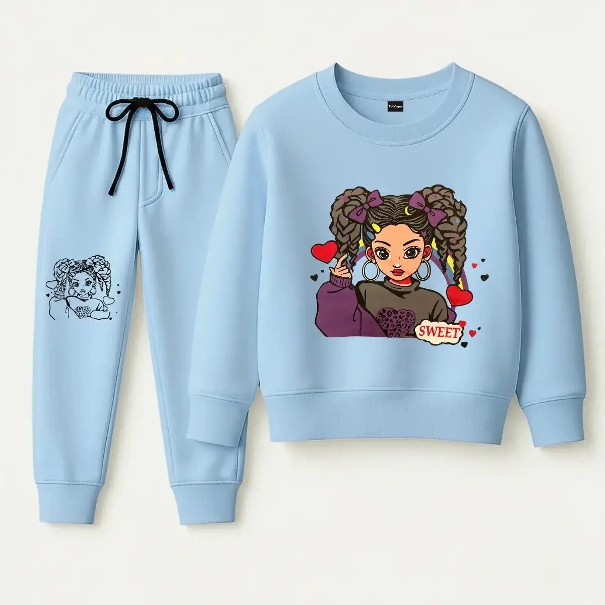 Sky Blue 'Sweet' Girl Kids Tracksuit – Urban Style Graphic Fleece Set 2026 - TotVogue.pk