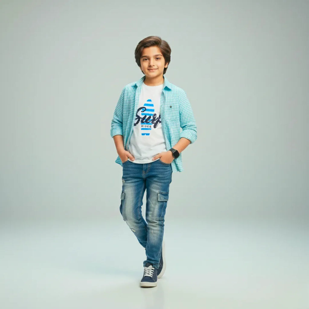 Boys Double Shirt Set – Blue Check Edition Casual Smart Wear