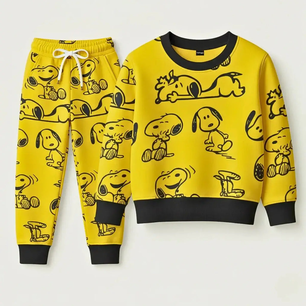 Snoopy Peanuts Kids Tracksuit Collection – All-Over Print Sweat Set (Red & Yellow) in yellow with black line art.