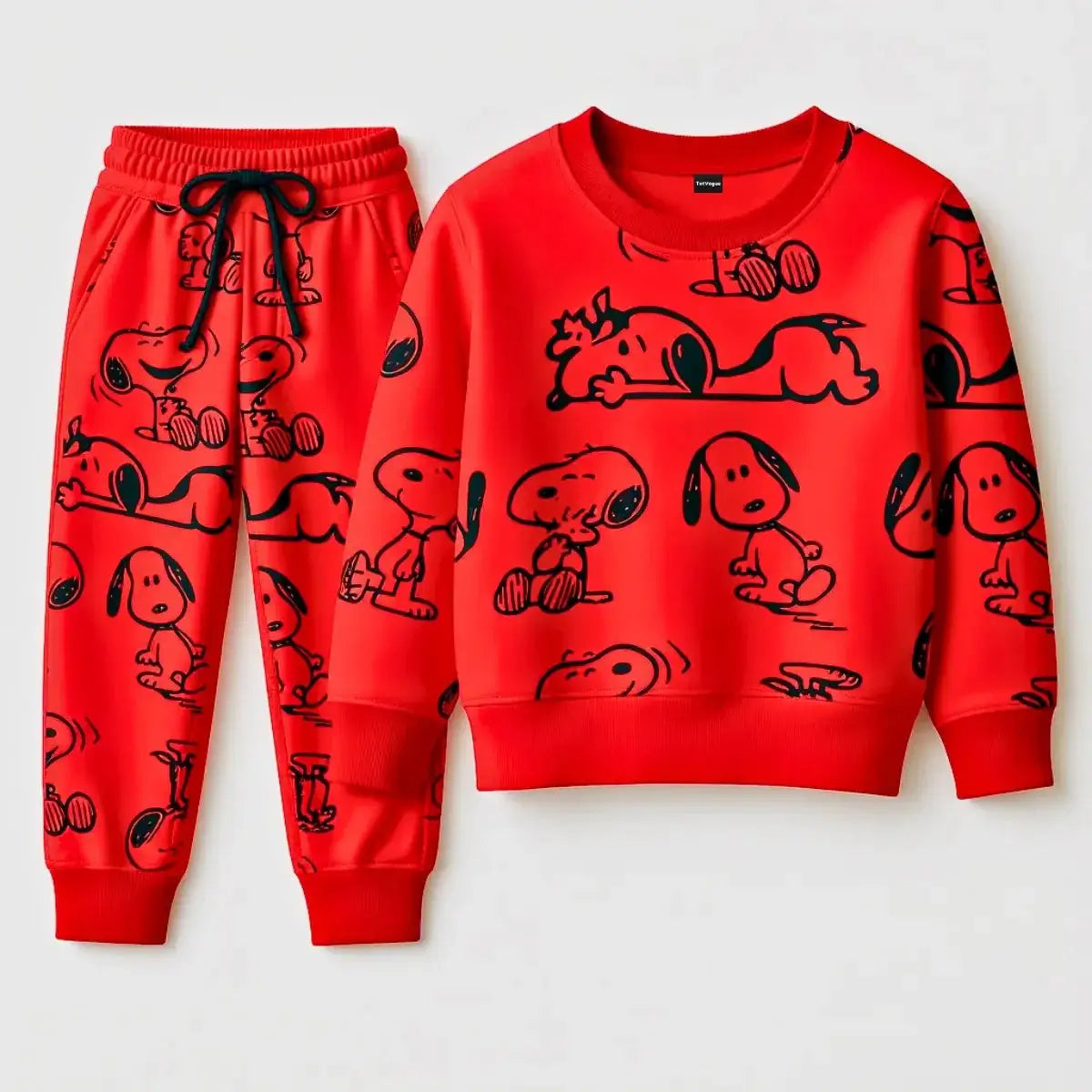 Snoopy Peanuts Kids Tracksuit Collection – All-Over Print Sweat Set (Red & Yellow) featuring playful black line-art designs.