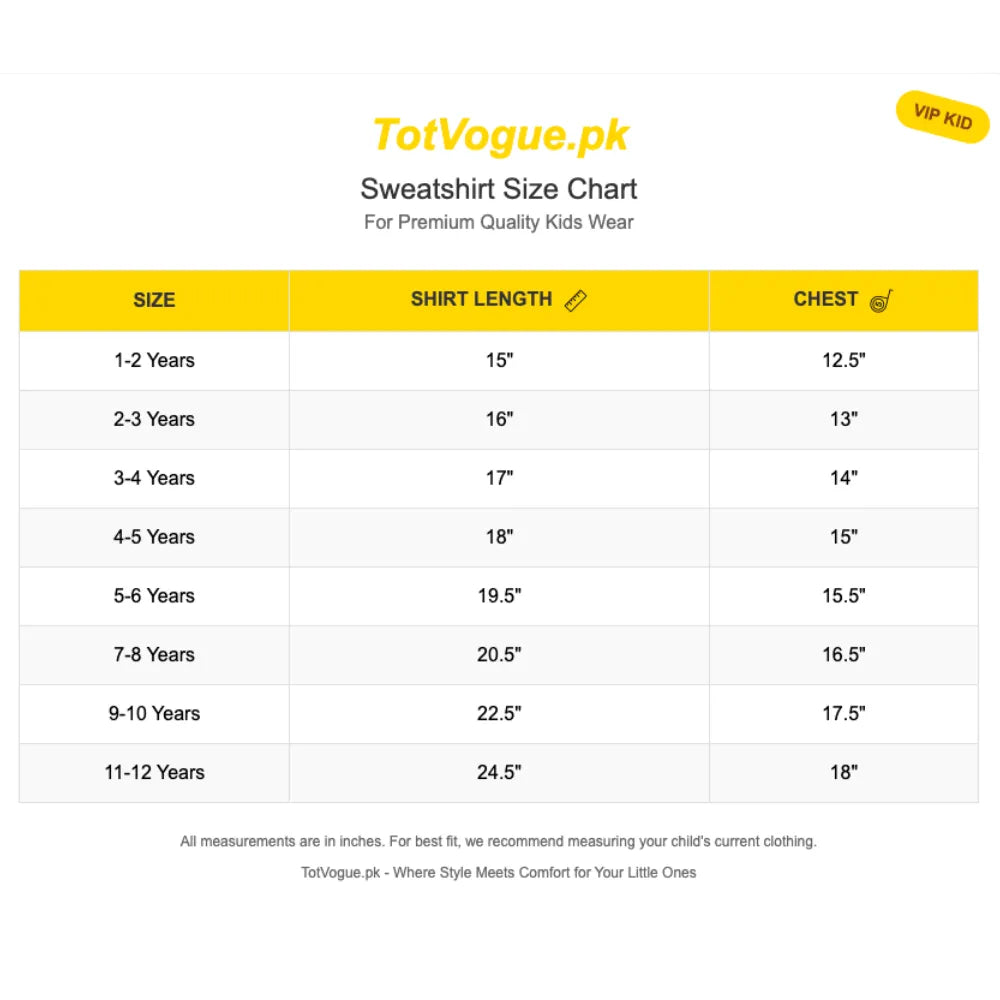 Size chart for sweatshirts by TotVogue.pk on a white background
