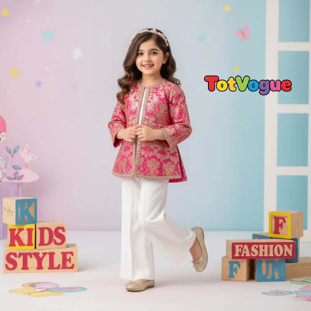 Young girl in a pink traditional outfit standing in a colorful room with 'Tot Vogue' branding.