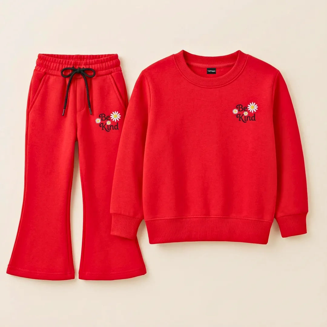 Be Kind Girls Tracksuit – Red Premium Bell Bottom Fleece Embroidery Set