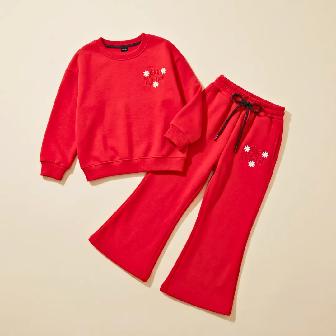 Be Kind Girls Tracksuit – Red Premium Bell Bottom Fleece Embroidery Set