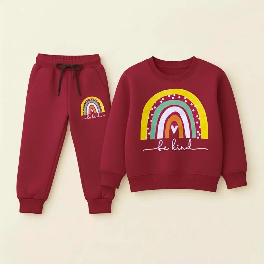 Be Kind Rainbow Kids Tracksuit – Maroon Joy Edition Warm Fleece Set