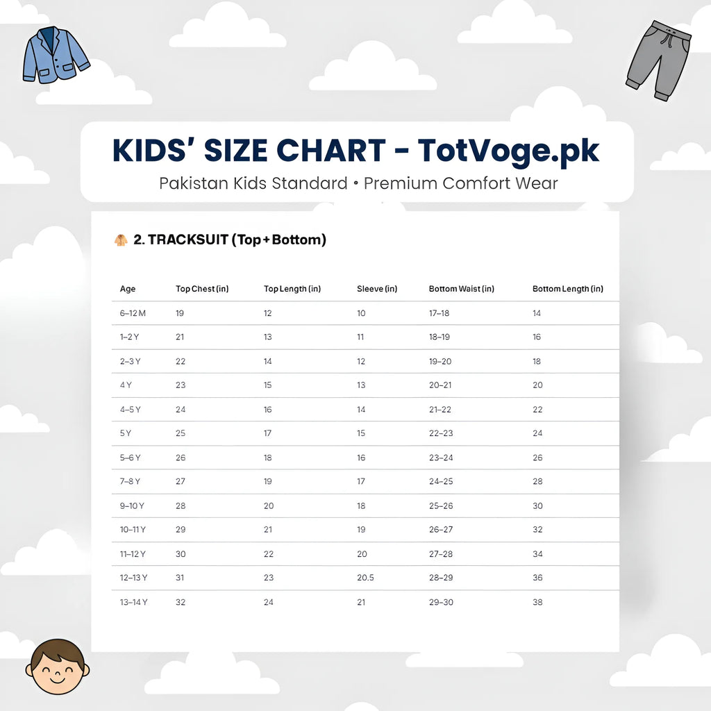 Kids' size chart for tracksuits on a cloud-themed background with clothing icons.