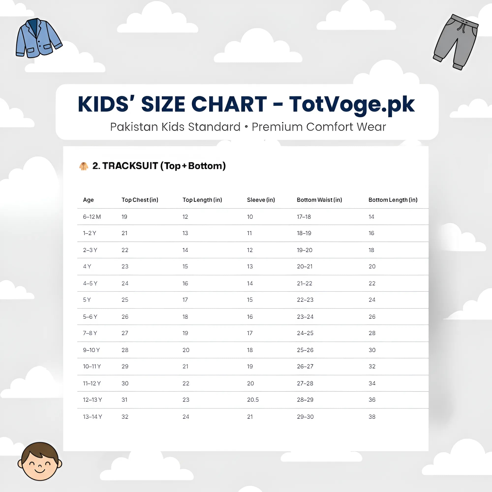 Kids' size chart for tracksuits on a cloud-themed background with clothing icons.