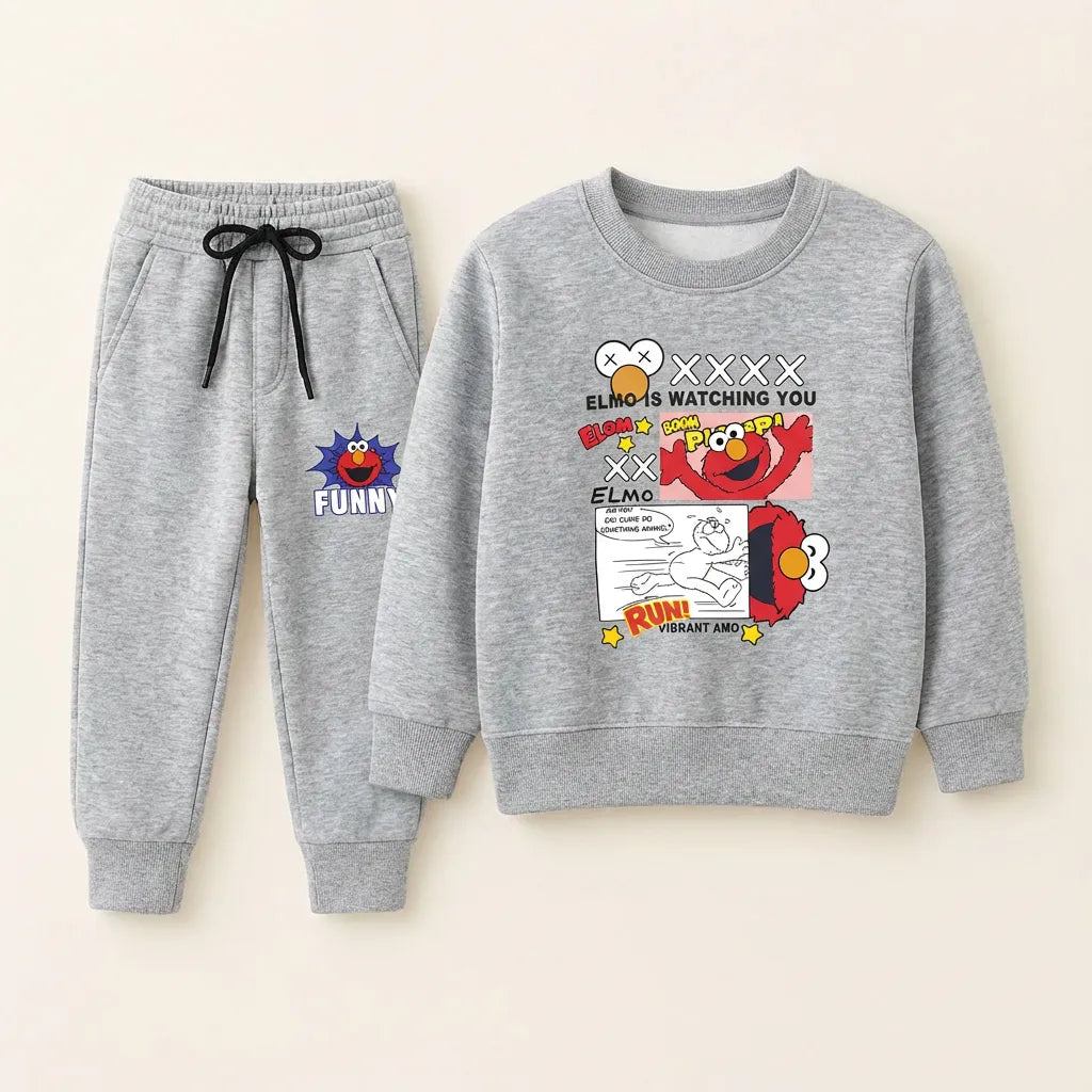 Funny Elmo Kids Tracksuit – Gray Comic Vibe Edition Warm Fleece Set
