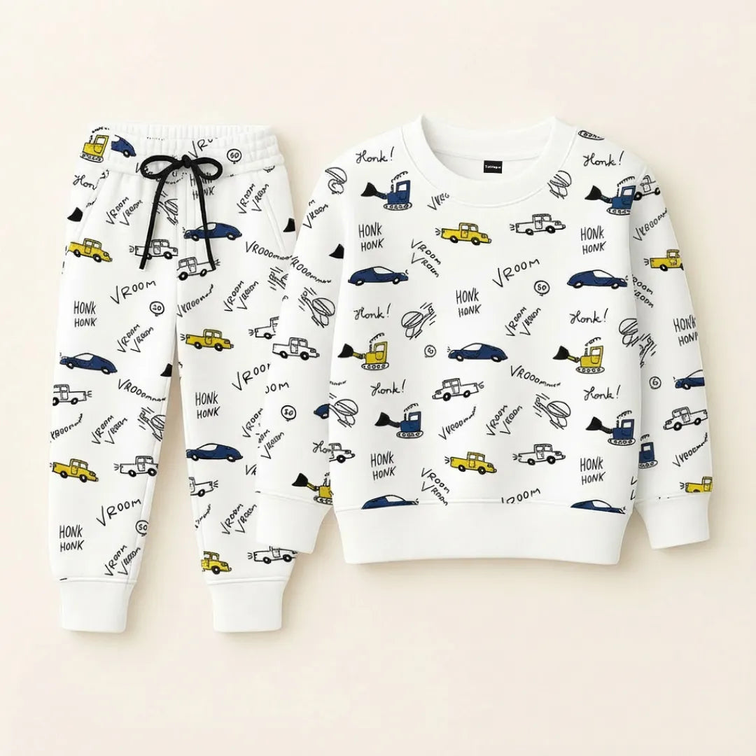 Mini Racers Kids Tracksuit – “Vroom & Honk” Edition Playful Car Print Set